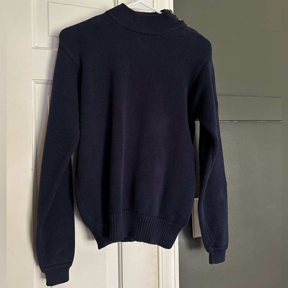 Vintage Ralph Lauren Country Navy Cotton Mock Neck Sweater Anchor Buttons Patch